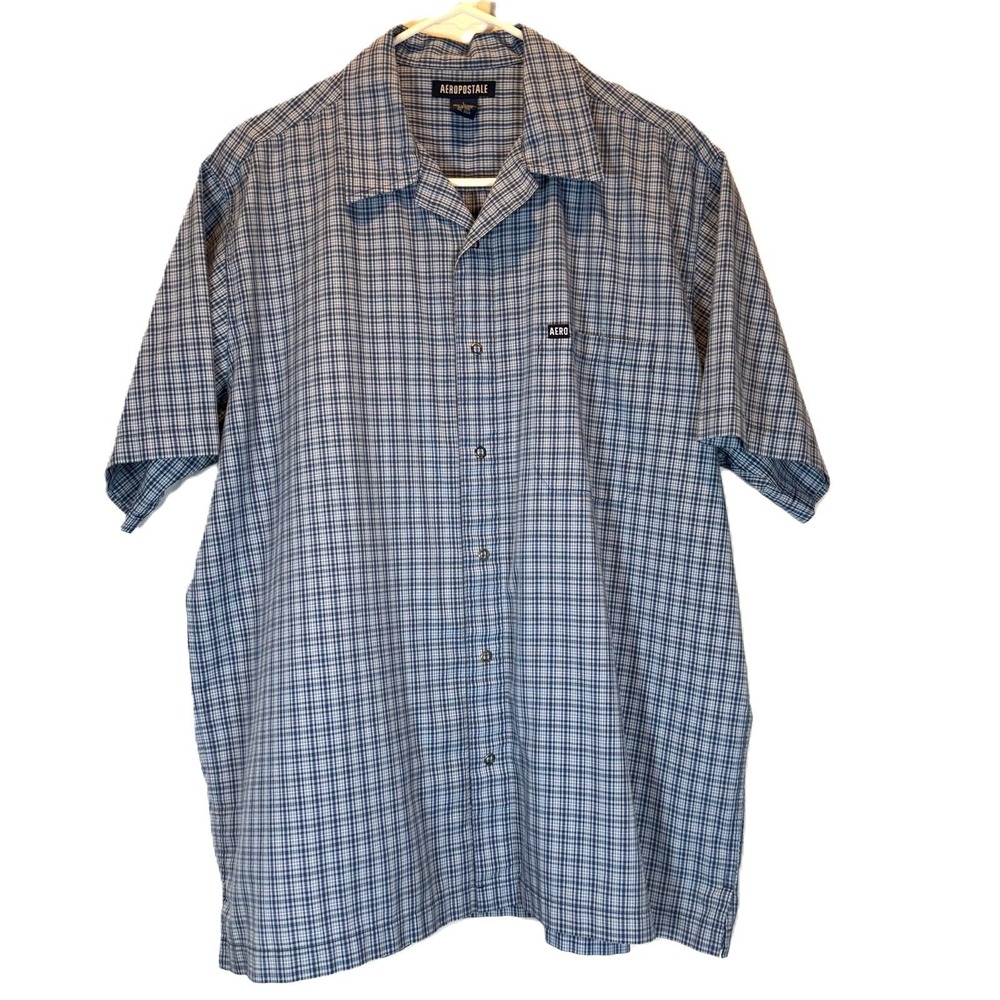 Aeropostale Mens Large Blue Plaid Snap‑Front Shirt Relaxed Fit Wrinkle‑Resistant
